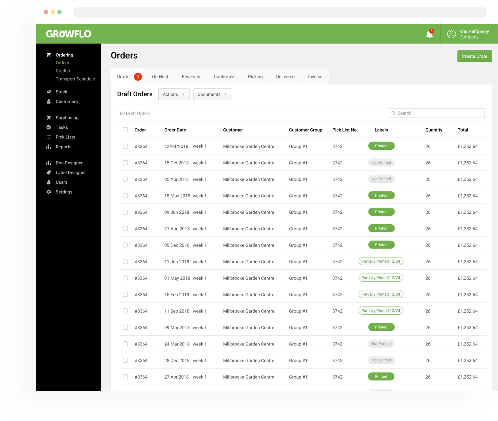 The Orders section of the Growflo system
